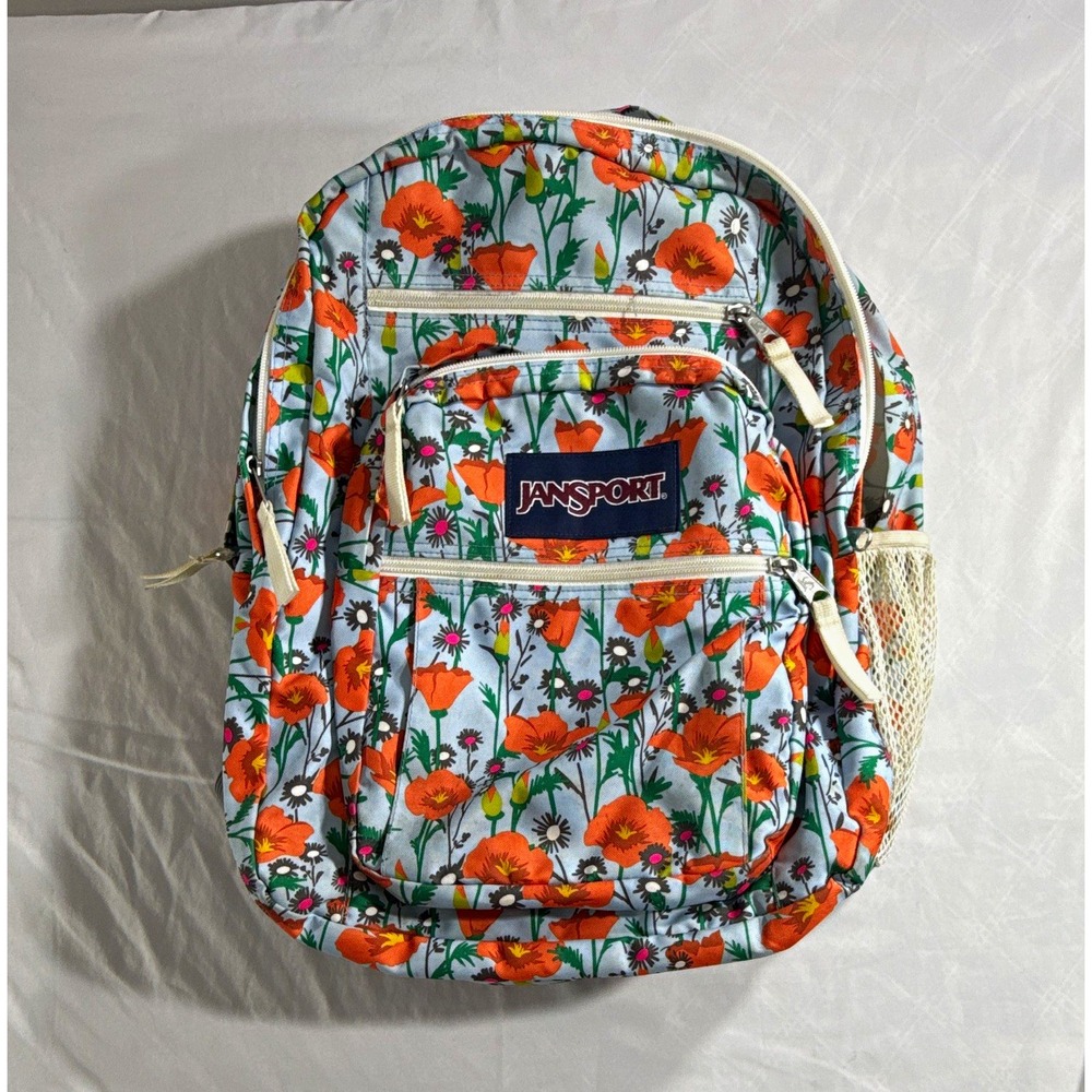 JanSport Floral Backpack Gray/Orange Bottle Pocket Zip Adjustable Straps